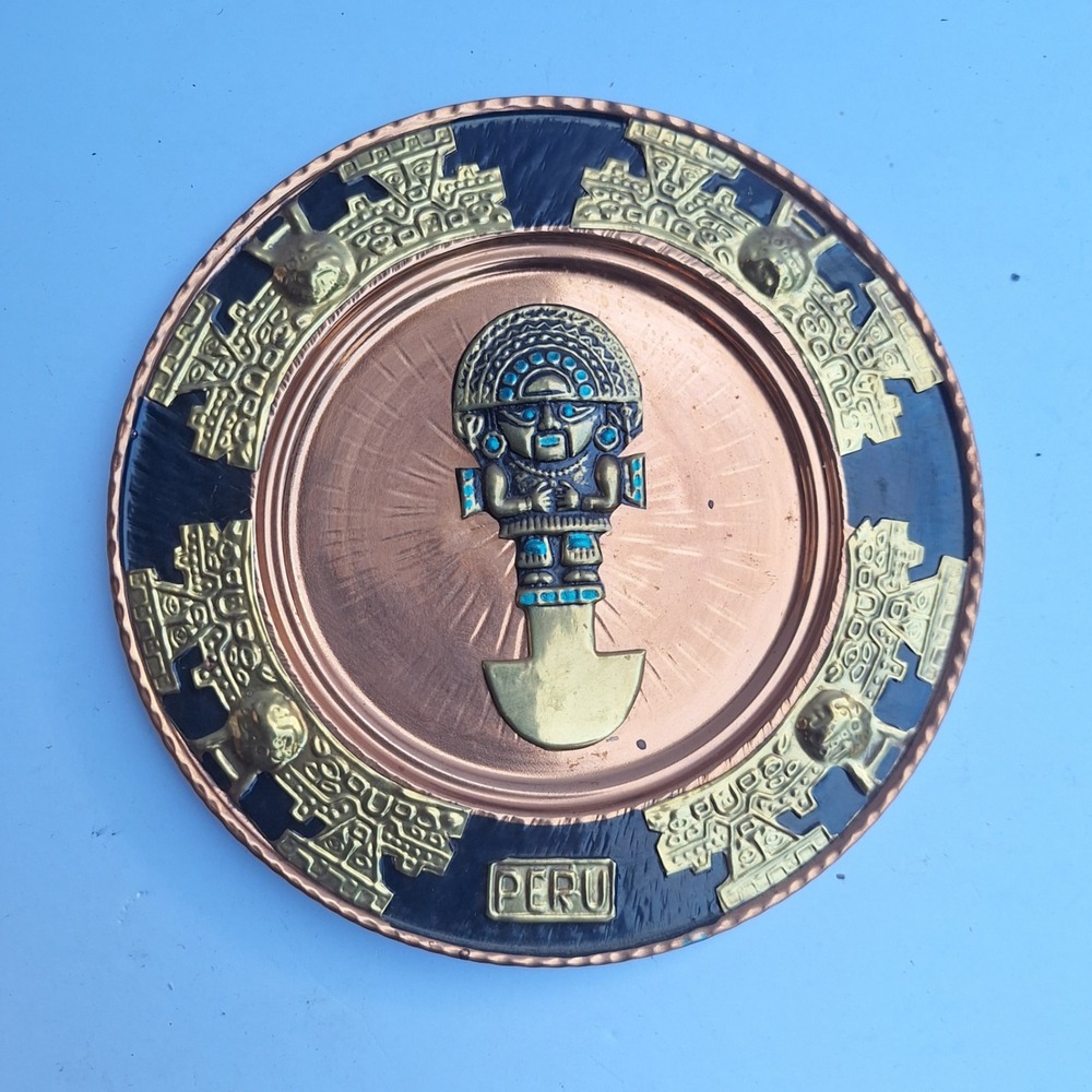 Vintage Peru Mixed Metal Tumi & Hummingbird Wall Art Plates Set Copper Brass